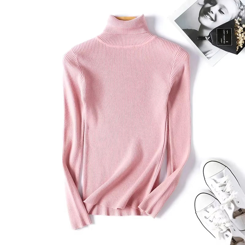 Casual Soft Polo-Neck Jumper New Autumn Winter Women Knitted Turtleneck Sweater Fashion Slim Elasticity Solid Ribbed Pullovers