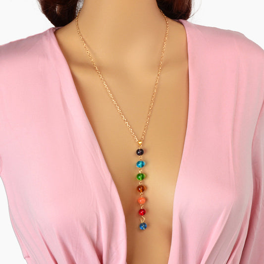 Dainty Gold Chain Colorful Glass Beads Long Charm Y Shape Lariat Female Necklace-0