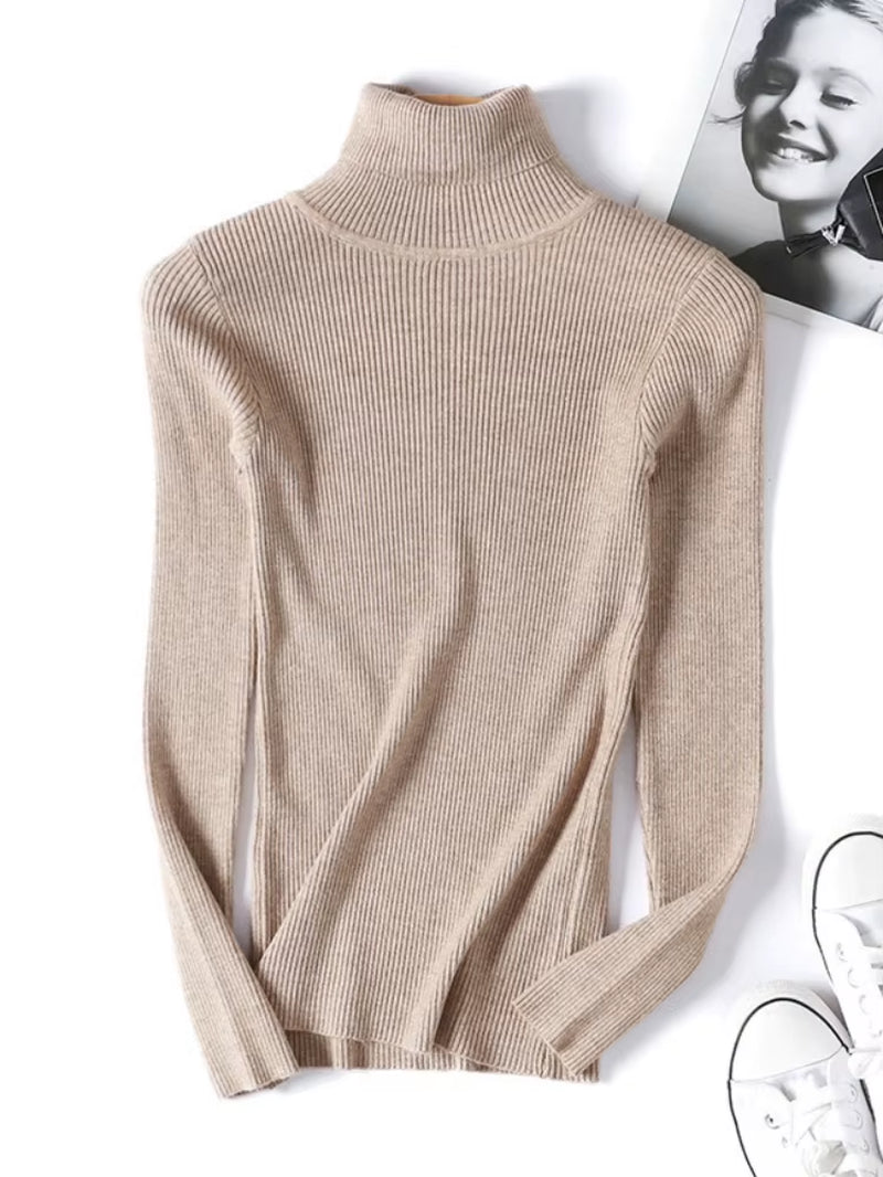 Casual Soft Polo-Neck Jumper New Autumn Winter Women Knitted Turtleneck Sweater Fashion Slim Elasticity Solid Ribbed Pullovers