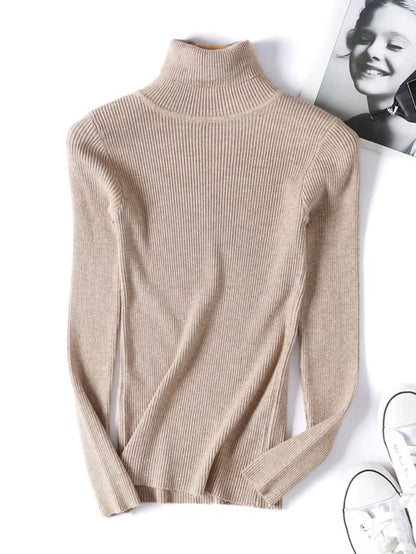 Casual Soft Polo-Neck Jumper New Autumn Winter Women Knitted Turtleneck Sweater Fashion Slim Elasticity Solid Ribbed Pullovers
