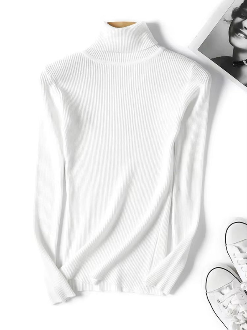 Casual Soft Polo-Neck Jumper New Autumn Winter Women Knitted Turtleneck Sweater Fashion Slim Elasticity Solid Ribbed Pullovers