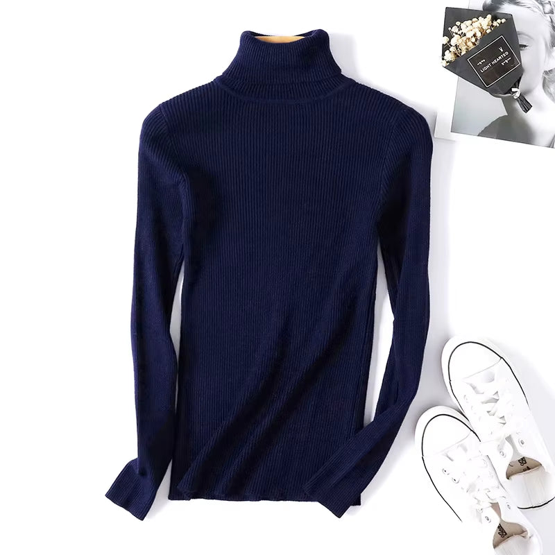Casual Soft Polo-Neck Jumper New Autumn Winter Women Knitted Turtleneck Sweater Fashion Slim Elasticity Solid Ribbed Pullovers