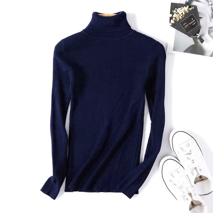 Casual Soft Polo-Neck Jumper New Autumn Winter Women Knitted Turtleneck Sweater Fashion Slim Elasticity Solid Ribbed Pullovers